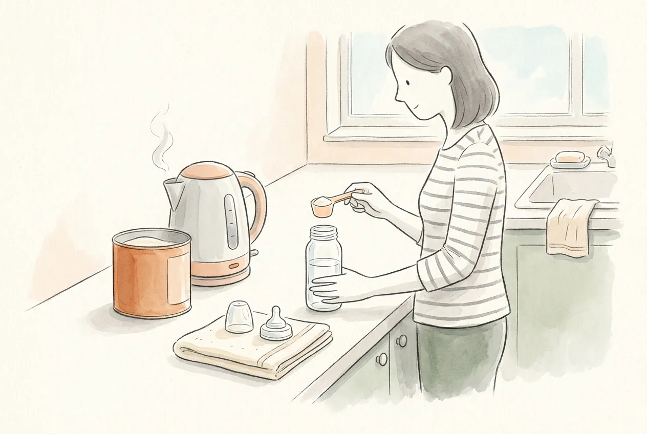 Illustrazione a matita e acquerello: una mamma al piano di lavoro pulito versa un misurino raso di polvere nel biberon che contiene già l'acqua, accanto al bollitore ancora fumante, alla latta senza etichetta e alla tettarina appoggiata su un panno; sullo sfondo il lavandino con il sapone.