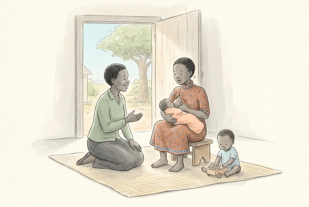 Illustrazione a matita e acquerello: in una casa di villaggio una mamma africana seduta su uno sgabello allatta il neonato avvolto in una copertina, mentre un'operatrice sanitaria inginocchiata accanto le parla sorridendo e un bimbo più grande gioca con un carrettino di legno.