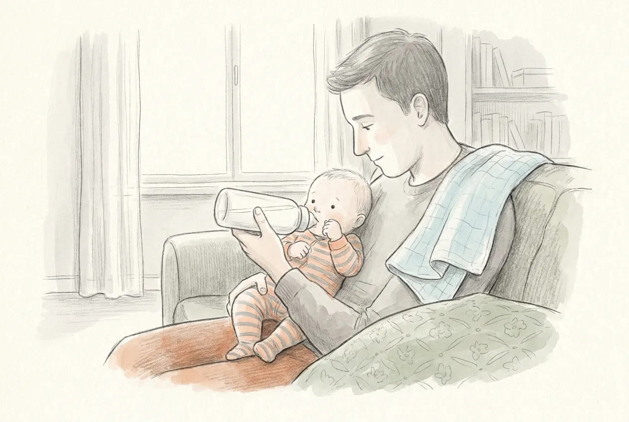 Illustrazione a matita e acquerello: un papà seduto sul divano dà il biberon al bambino tenuto quasi dritto in braccio, guardandolo; il piccolo, in tutina a righe, porta una manina alla bocca, con un panno appoggiato sulla spalla del padre.