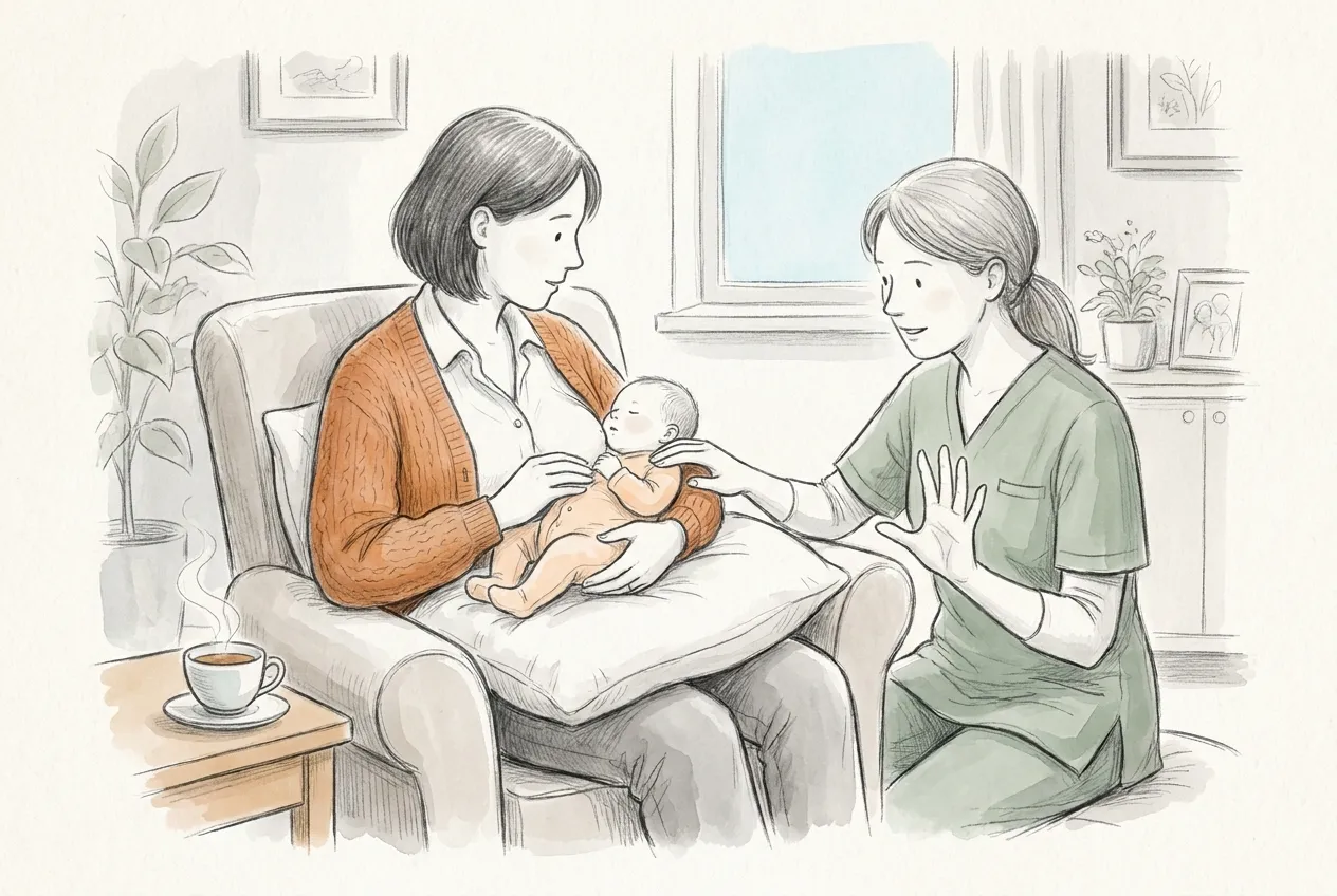 Illustrazione a matita e acquerello: un'ostetrica in divisa verde, accanto alla poltrona, accompagna con una mano le spalle del neonato verso la mamma e con l'altra mostra un gesto aperto, mentre la mamma con il cardigan arancio tiene il piccolo su un cuscino.