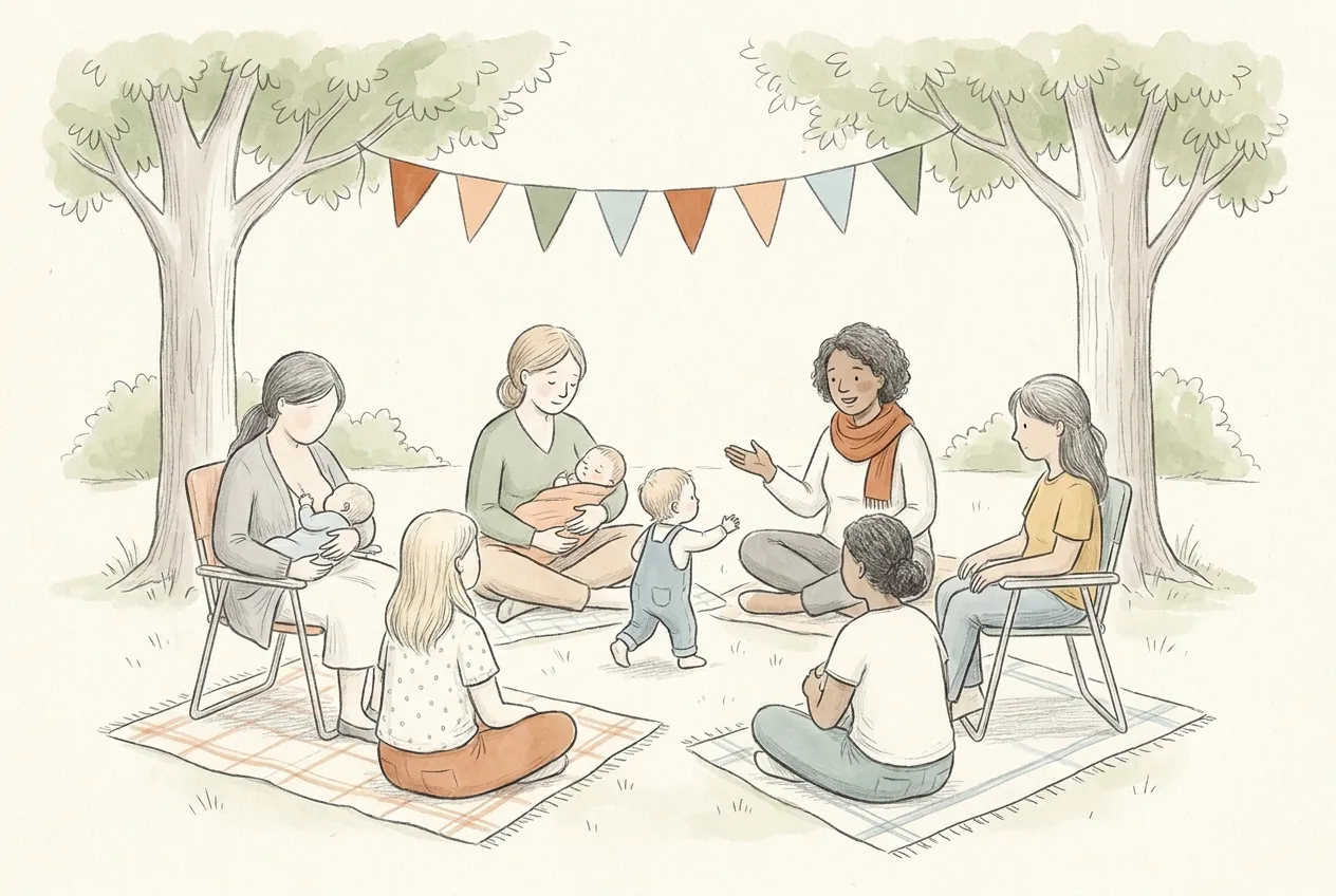 Illustrazione a matita e acquerello: un gruppo di mamme di origini diverse seduto in cerchio su teli da picnic e sedie pieghevoli in un parco, con neonati in braccio e un bimbo che cammina in mezzo, mentre una facilitatrice parla sotto una fila di bandierine colorate.