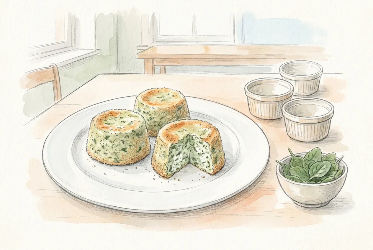 Illustrazione a matita e acquerello: tre sformatini di ricotta e spinaci capovolti su un piatto bianco, dorati sopra e impanati sui lati, uno tagliato che mostra l'interno verde e bianco, con gli stampini vuoti e una ciotola di foglie di spinaci accanto.