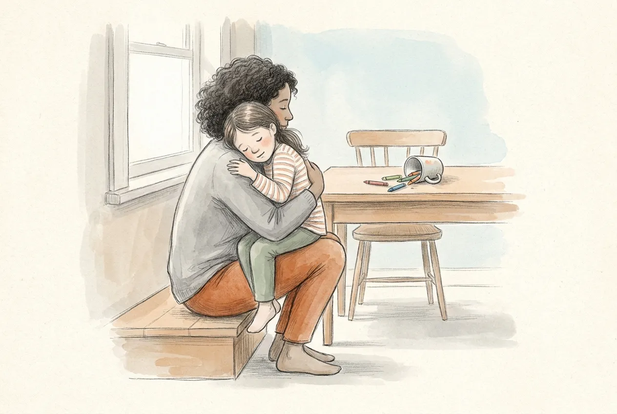 Illustrazione a matita e acquerello: una mamma dai capelli ricci, seduta su una panca vicino alla finestra, abbraccia stretta la figlia a occhi chiusi; sul tavolo dietro di loro c'è una tazza rovesciata con i pastelli sparsi.