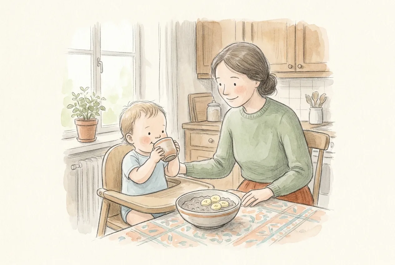Illustrazione a matita e acquerello: a colazione un bimbo sul seggiolone beve da una tazza tenuta con due mani, davanti a una ciotola di pappa con fettine di banana, mentre la mamma seduta accanto lo guarda sorridendo.