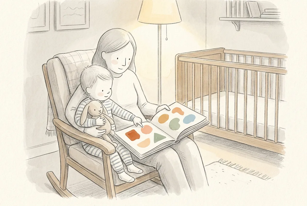 Illustrazione a matita e acquerello: la sera, su una sedia a dondolo, una mamma tiene in grembo il bimbo in pigiama a righe con il suo coniglietto di pezza e insieme sfogliano un libro di forme colorate, accanto al lettino.