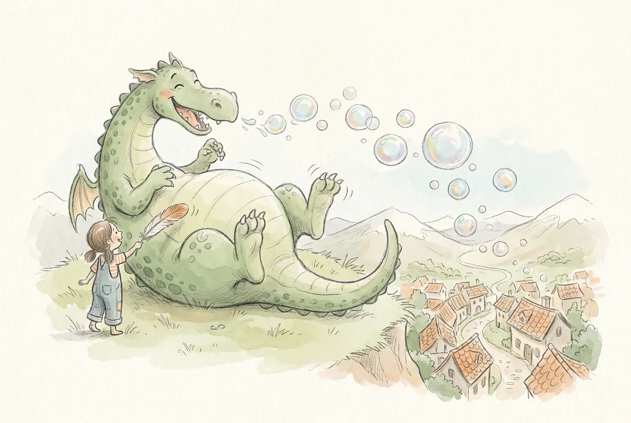 Illustrazione a matita e acquerello: su un prato in cima alla montagna un grande drago verde sdraiato sulla schiena ride a crepapelle per il solletico che gli fa una bambina con una piuma, e dalla bocca gli escono bolle di sapone che volano verso i tetti del paese.