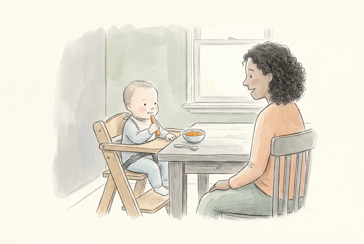 Illustrazione a matita e acquerello: un bambino di circa sei mesi, seduto dritto e allacciato in un seggiolone di legno, mordicchia un bastoncino di carota morbida davanti a una ciotola di purea arancione, mentre la mamma dai capelli ricci, seduta al tavolo, lo osserva sorridendo.