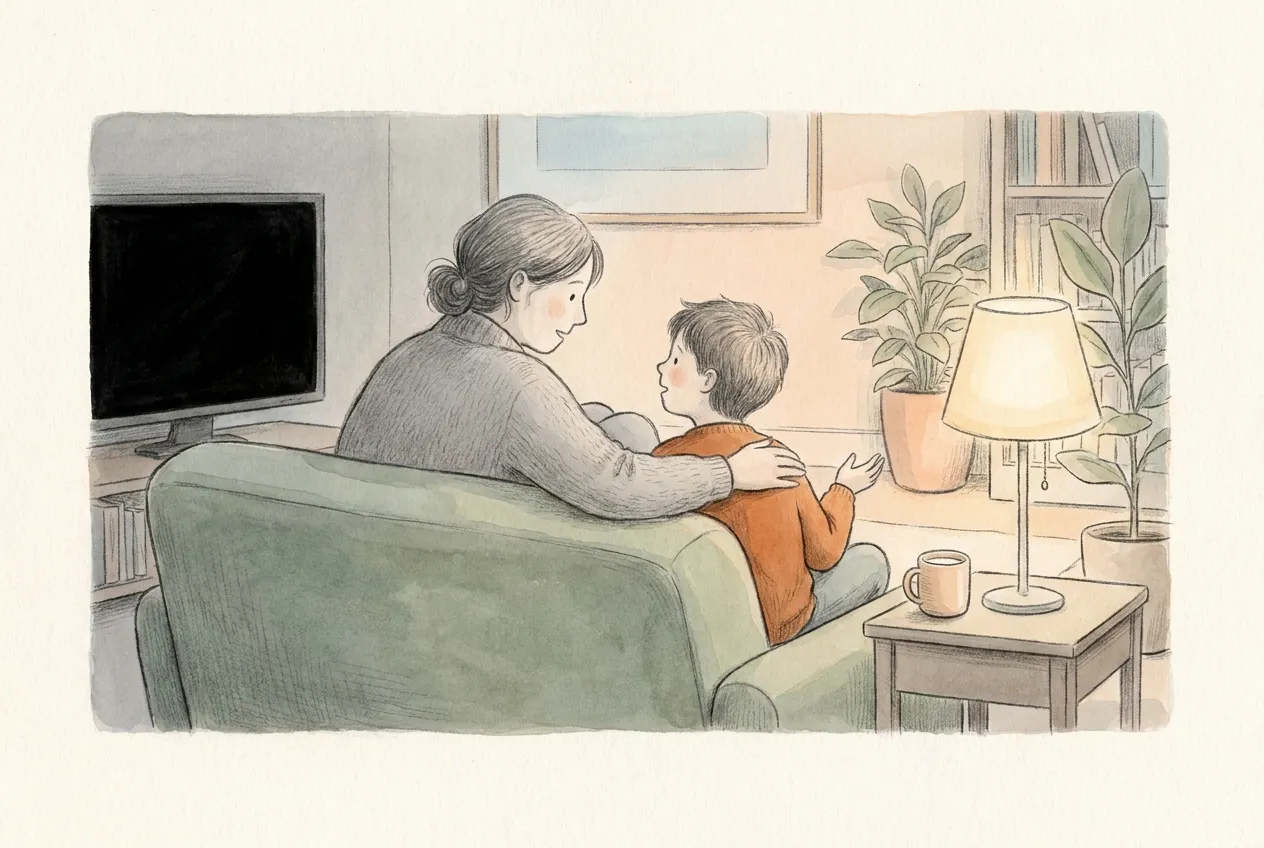 Illustrazione a matita e acquerello: di sera, sul divano verde, una mamma cinge le spalle del figlio e lo ascolta mentre lui parla; il televisore accanto è spento e sul tavolino c'è una tazza vicino alla lampada accesa.