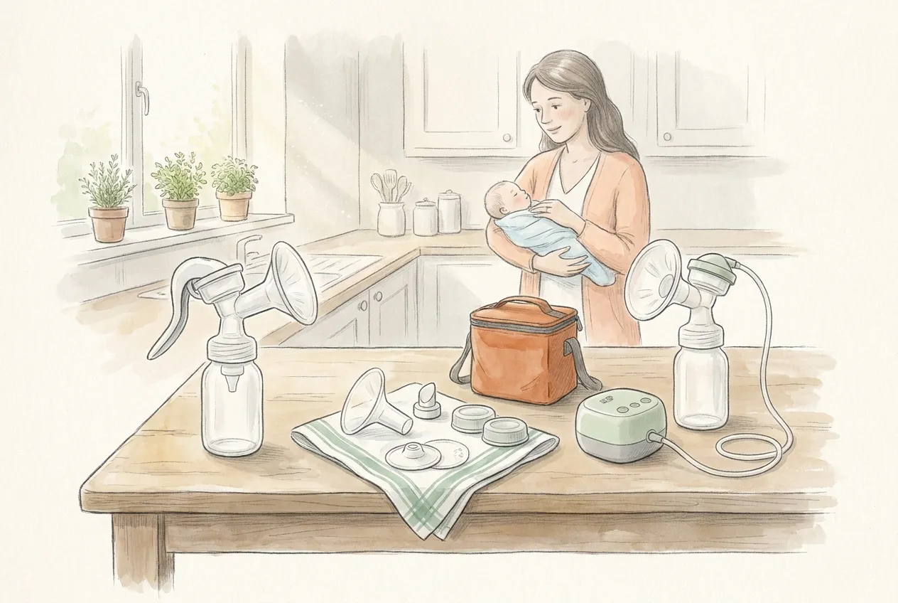 Illustrazione a matita e acquerello: su un tavolo di cucina un tiralatte manuale a leva e uno elettrico con tubicino e motore compatto, in mezzo i pezzi lavati ad asciugare su un canovaccio e una borsa termica, mentre sullo sfondo una mamma culla il neonato.
