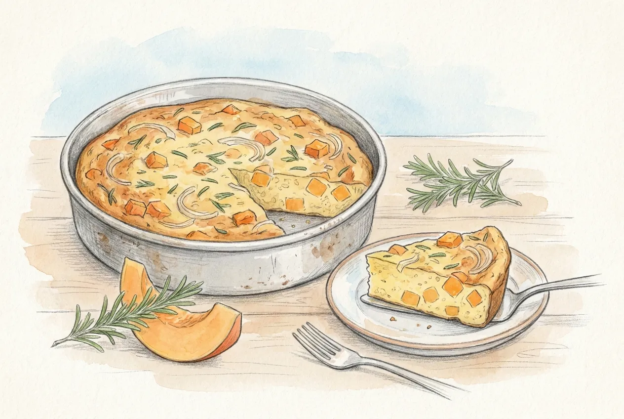 Illustrazione a matita e acquerello: una teglia rotonda con la frittata senza uova di farina di ceci, piena di cubetti di zucca, cipolla e rosmarino, con uno spicchio già tagliato servito su un piattino accanto a una fetta di zucca cruda.
