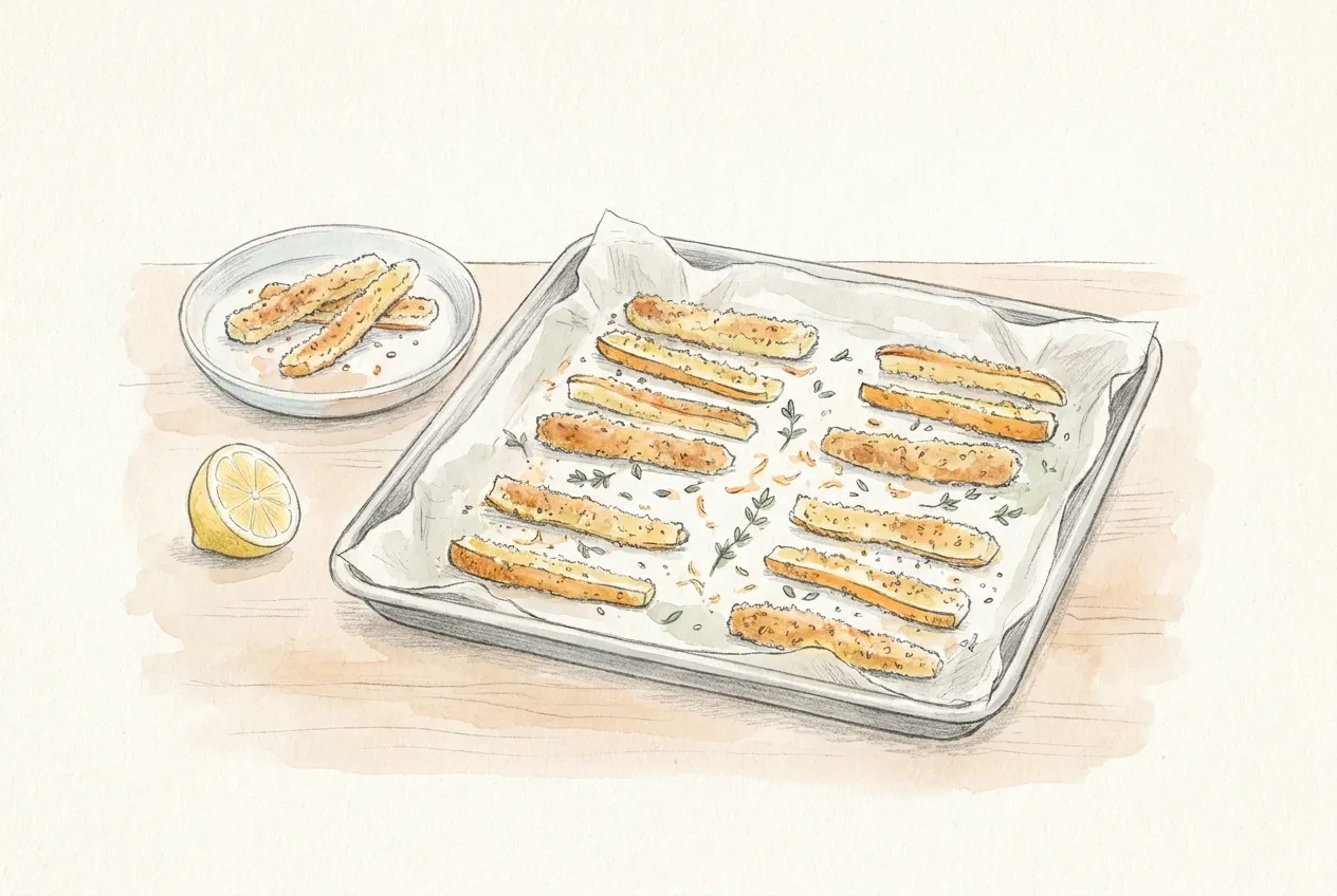Illustrazione a matita e acquerello: una teglia foderata di carta da forno con bastoncini di zucchina gialla impanati e dorati, ben distanziati e cosparsi di timo, accanto a un piattino con una piccola porzione e a mezzo limone.